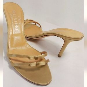 VALENTINO Gold Silk Double Bow Strap Med-Heel Mule Sandals Women's Size US 7.5 B